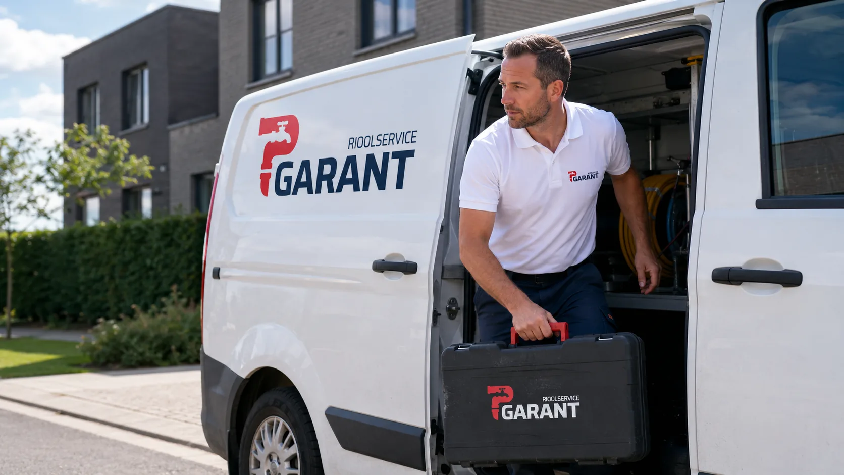 Vakman van Rioolservice Garant met bestelwagen, onderweg naar een interventie in Leuven